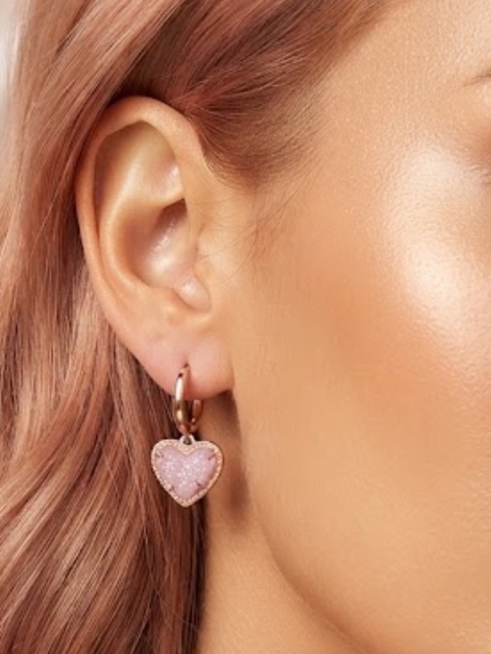 Kendra Scott ;Ari Heart Rose Gold Huggie Earrings in Light Pink Drusy